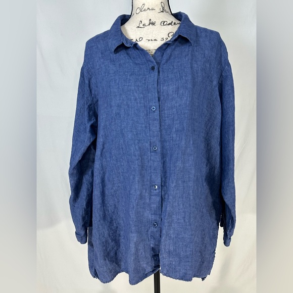 Eileen Fisher Washed Organic Linen Delave Classic Collar Shirt 2X Blueberry - Picture 2 of 7
